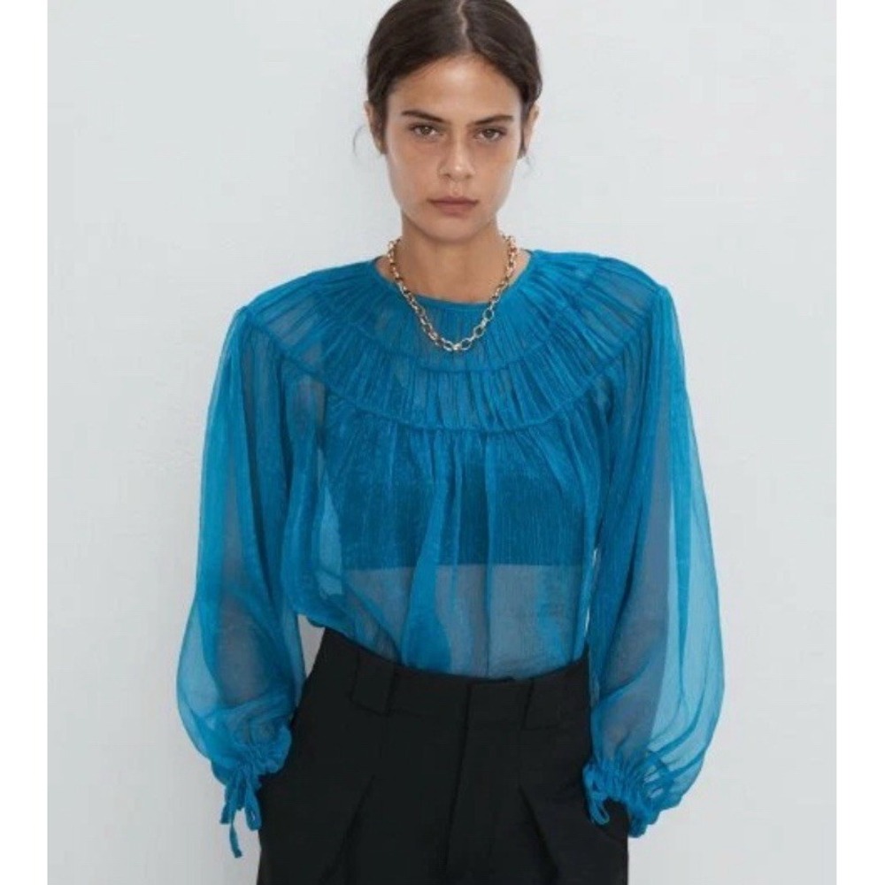 Zara Teal Blue Pleated Ruffle Yoke Semi Sheer Balloon Sleeve Blouse Small